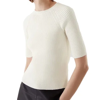 Kadınlar 2023 Sonbahar Yeni Moda Tüm Maç Beyaz Yedi kollu Örgü Gömlek Şık Yuvarlak Boyun Rahat Kısa kollu Üst Mujer