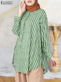 ZANZEA Moda Uzun Kollu Müslüman Bluz Kadın O Boyun Şerit Baskılı Üstleri Kadın Rahat Tatil Gömlek Vintage OL Çalışma Blusas