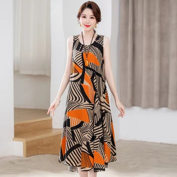 Yaz Kolsuz Elbise Kadınlar Zarif 2023 Yeni Gevşek Vintage Baskı Boho uzun elbise Yaz kadın kıyafetleri