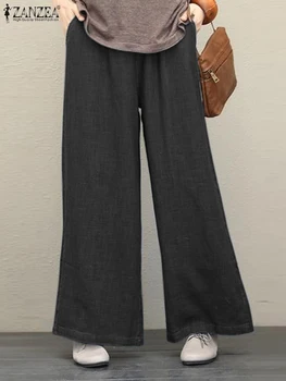 ZANZEA Zarif Geniş Bacak Pantolon Kadın Vintage Yüksek Bel Pantolon Rahat Düz Renk Palazzo Moda Yan Cepler Uzun Pantalon 2023