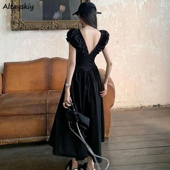 Yaz elbisesi Kadınlar Backless Zarif Kat A-line Moda Streetwear V Yaka Rahat Basit Fransız Tarzı Günlük Vestidos De Mujer