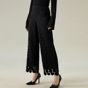 Moda Tasarım Delikli Elastik Bel Pantolon Casual Streetwear Gevşek uzun pantolon Zarif Ofis Dantel Katı Düz pantolon