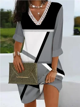 Moda 3D Geometrik Baskı Elbise Kadın V Boyun Uzun Kollu Elbiseler Kadın Bahar Sonbahar Mini Elbise