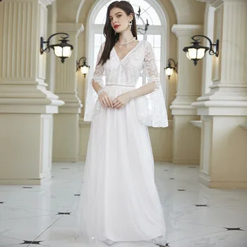 Cutubly Seksi Beyaz Dantel Abiye Kadınlar Için Nakış Yarık Parlama Kollu Elbise Zarif Resmi Örgü Gelin düğün elbisesi