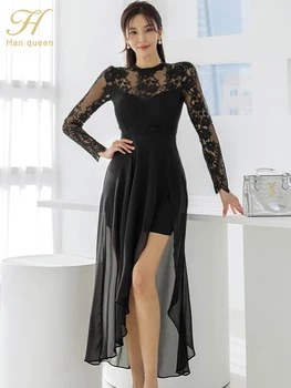 H Han Kraliçe 2024 Bahar Zarif Siyah Elbise kadın Moda Dantel Patchwork Basit Uzun Elbiseler Akşam Parti Vestidos Giyim