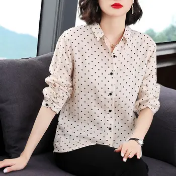 Kadın Giyim Polka Dot Baskılı Bluz Commute Uzun Kollu Kore Tek göğüslü 2023 İlkbahar Sonbahar Polo Yaka Düz Gömlek