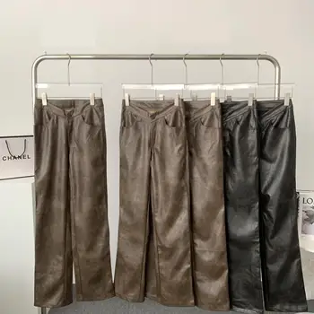 V Bel PU Deri Geniş Bacak Düz Pantolon Kadınlar İçin İlkbahar Yaz Şık Streetwear Gevşek Uzun Suni deri pantolon