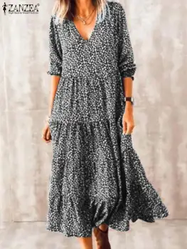 2023 ZANZEA Moda Katmanlı Sundress Casual Çiçek Baskılı Elbise Sonbahar Uzun Kollu V Yaka Elbiseler Kadın Zarif Tatil Vestido