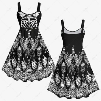 2023 Yeni Artı Boyutu kadın Cadılar Bayramı Kostüm Kafatası İskelet Alev Lace Up 3D Baskılı İlkbahar Yaz Günlük Rahat Cami Tankı Elbise