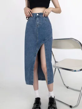 HOUZHOU Vintage Bölünmüş Denim Uzun Etek Kadın Yüksek Bel A-line Düzensiz İnce Seksi Kore Moda Kot Etek Rahat Sonbahar