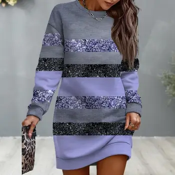 Kadın Sonbahar Kış Elbise Çizgili Renk Bloğu Parlak Pullu Gevşek Yuvarlak Boyun Uzun Kollu Diz Boyu Patchwork Mini Elbise