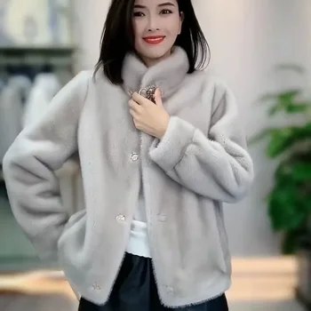 2023 Yeni kadın Kış Taklit Vizon Kürk Ceket Kalınlaşmış Moda Ayakta Boyun Kısa Vizon Polar Küçük Kürk Palto