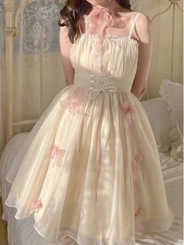 Vintage Zarif Akşam Parti Midi Elbise Kadın Yay Fransa Kawaii Prenses kemerli elbise Kadın Retro Tatlı peri elbisesi Yaz 2022