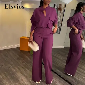 Moda Katı Çift Cep Tasarım Gevşek Kıyafetler Ofis Bayan İki Parçalı Set Zarif Rahat Kadın Uzun Kollu üstler ve pantolonlar Takım Elbise