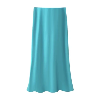 TRAF Mavi Uzun Etek Seti Gömlek Kadınlar İçin Moda Saten Etek Kadın Vintage Yüksek Bel Estetik Etekler Kadın Kore Maxi Etek