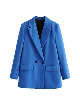 Kadın Şık Ofis Bayan Kruvaze Blazer Vintage Ceket Moda Çentikli Yaka Uzun Kollu Bayan Giyim Şık Üstleri