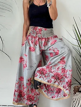 Vintage Çiçekli Baskı Kadın Gevşek pantolon Rahat Orta Bel Kadın Patchwork Cepler Pantolon 2023 Şık Streetwear Geniş Bacak Pantolon