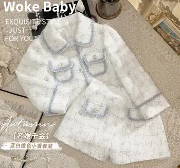 Perakende 2023 Yeni Bebek Kız Butik Resmi Bayan Kış 2 Parça Setleri Ceket + Şort Prenses Zarif Takım Elbise 2-7T