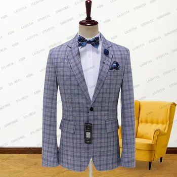 2023 Yeni Varış Moda Gri Klasik Ekose Takım Elbise Erkekler İçin Slim Fit Damat Düğün Smokin Erkek Resmi İş Ceket Blazers Ceket