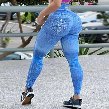 Kadın Tayt Denim Kot Yoga Pantolon Cep İnce Spor Tayt Mavi Yoga Pantolon kalem pantolon Bayan Spor Salonu Spor Giyim