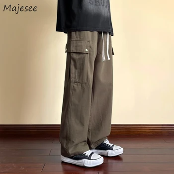 Rahat Kargo Pantolon Erkekler Gevşek Yüksek Sokak Basit Amerikan Retro Cepler Katı İpli Şık Sonbahar Yeni Moda Düz Pantolon