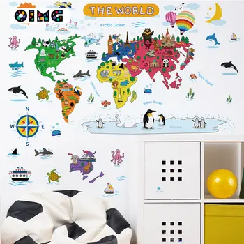 OIMG 1 Sayfalık, Dünya Haritası duvar çıkartmaları Karikatür Hayvan Dünya Haritası Yedi Kıta duvar çıkartmaları, Anaokulu Odası duvar çıkartmaları