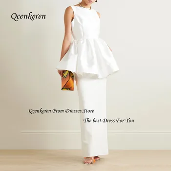 Qcenkern Beyaz O-Boyun Balo elbisesi Ince Saten Katmanlı Mermaid gece elbisesi Ayak Bileği Uzunlukta Kolsuz Parti Dubai elbisesi