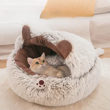 Kış köpek ve kedi yatak yuvarlak peluş sıcak ev uyku kanepe çanta minderli yarı-kapalı yatak Köpek aksesuarları Pet malzemeleri