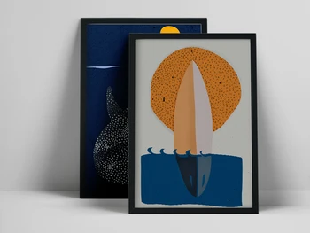 Sörf Deniz Posteri, Mavi balina Baskı, Sarı güneş, İskandinav Duvar Sanatı, Minimalist Sanat, Sörfçü Baskı Seti, Sörf Oceay Duvar A