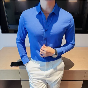 2023 Sonbahar Dalga Pilili Kumaş Gömlek Erkekler Uzun Kollu İnce Rahat İş Elbise Gömlek Düz Renk Sosyal Parti Smokin Bluz