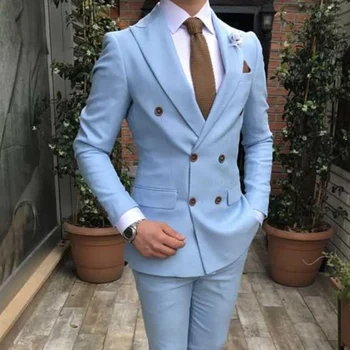 Slim fit Kruvaze Takım Elbise Erkekler için 2 parça Açık Mavi Düğün Smokin Damat Doruğa Yaka Özel Erkek Moda Kostüm