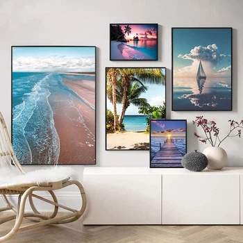 Deniz Plaj ve Hindistan Cevizi Ağaçları Manzara Tuval Boyama Modern Posterler ve Baskı Duvar Sanatı Oturma Odası Dekor ıçin Cuadros Ev Dekor