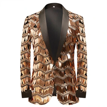 Lüks Erkek Dalga Çizgili Altın Pullu Blazer Ceket Şal Yaka Bir Düğme Parlak Düğün Parti Elbise Ceketler Akşam Yemeği Smokin Blazer