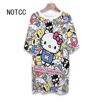 NOTCC Hello Kitty Baskı T Shirt Kadınlar için Sanrio Karakter Gevşek Casual Mesh Hollow Out Uzun Tee Elbise Kawaii Y2k Tişörtleri Tops