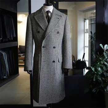 Kış Sıcak Takım Elbise Ceketler Erkekler Günlük Tüvit Yün Karışımı Trençkot Uzun Beyaz / Siyah