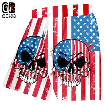 OGKB Yeni Moda Şort Erkekler Komik Serin 3D Baskı Amerikan Bayrağı Kafatası T-Shirt Harajuku Yaz Plaj Kısa Streetwear Unisex