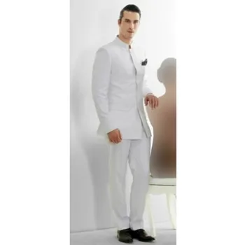 Erkek Son Stand-Up Yaka Tasarım Geleneksel Beyaz Takım Elbise Terno Masculino Parti Giyim Klasik Hint Düğün Blazer Ceket Pantolon