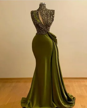 Hunter Yeşil Kristal Boncuklu Mermaid Örgün elbise Abiye Yüksek Boyun Pleats Kat Uzunluk Saten Balo Elbise Parti Vestidos