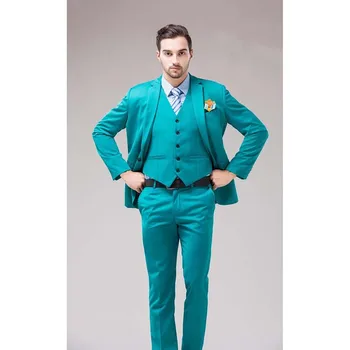 2023 Yeşil Mavi Damat Smokin Çentik Yaka erkek Takım Elbise Turkuaz Damat Düğün Yemeği En İyi Erkek Takım Elbise (Ceket + Pantolon + Yelek)