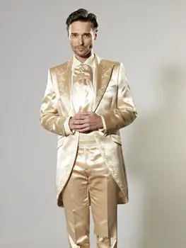 Son pantolon ceket Tasarım İtalyan Altın Nakış Saten Erkek Takım Elbise Slim Fit Smokin 2 Parça Blazers Özel Damat Balo Terno Masculino