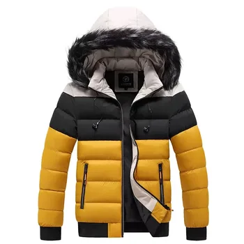 2023 kış kapşonlu kürk yaka sıcak ceket genç erkekler için kalınlaşmış rüzgar geçirmez renk bloğu erkek rahat pamuklu ceket