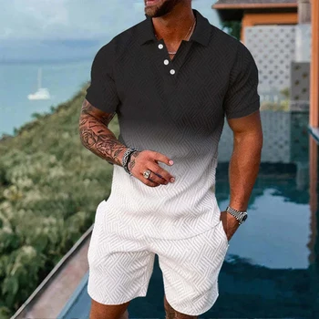 Yaz Erkek Takım Elbise 3D Baskılı Renkli Degrade POLO GÖMLEK + Şort İki Parçalı Set Yumuşak Moda Rahat Erkek Giyim eşofman takımı