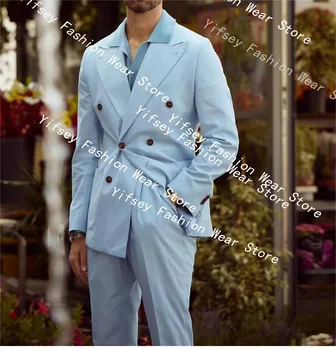 Açık Mavi Zarif Set Giyim Tasarımcısı Erkek Takım Elbise Erkek Arkadaşı İçin Slim Fit Blazer Pantolon Kıyafet Özel Düğün Töreni Elbise