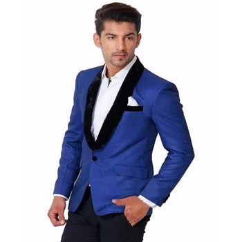 2 Adet Kraliyet Mavi Blazer Smokin Siyah Kadife Şal Yaka Pantolon En İyi Erkek Takım Elbise Resmi Parti Balo Düğün Damat Takım Elbise(Ceket + Pantolon)