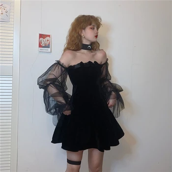 Ince Moda Puf Tam Kollu Guazed Slash Boyun A-Line Balo Kapalı tek omuzlu elbise Siyah Katı Seksi Parti Giydirin Kadın Yaz