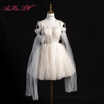 AnXin SH prenses beyaz gül çiçek dantel yay spagetti kayışı boncuk inciler lace up kısa abiye Küçük beyaz elbise