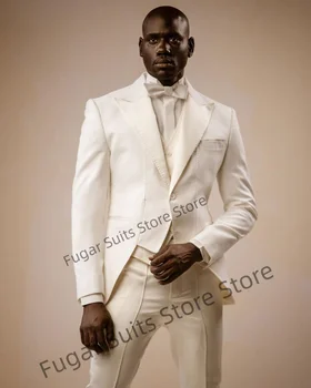 Vintage Fildişi Beyaz Zarif Erkek Takım Elbise Slim Fit Tepe Yaka Damat Smokin 3 ADET Setleri Klasik Erkek Blazer Terno Masculinos Completo