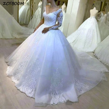 Lüks Beyaz Pullu V Yaka Aplikler Kapalı Omuz düğün elbisesi 2023 Backless Balo Sweep Tren Güzel Kadınlar gelin kıyafeti